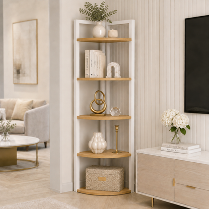 5 Tier Wood Steel Corner Shelf Organizer Storage Display Unit (Rustic Oak)