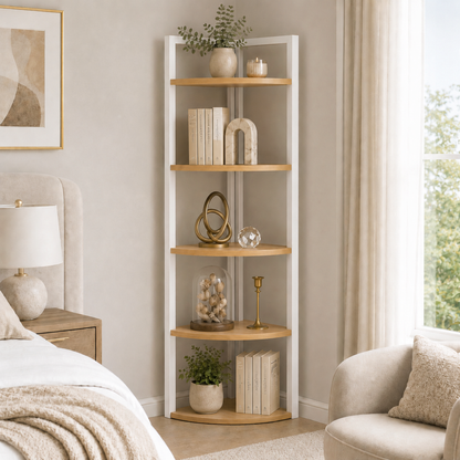 5 Tier Wood Steel Corner Shelf Organizer Storage Display Unit (Rustic Oak)