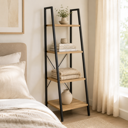 Rustic Oak Ladder Shelf Four Tier Wood Metal Bookshelf Storage Display Unit