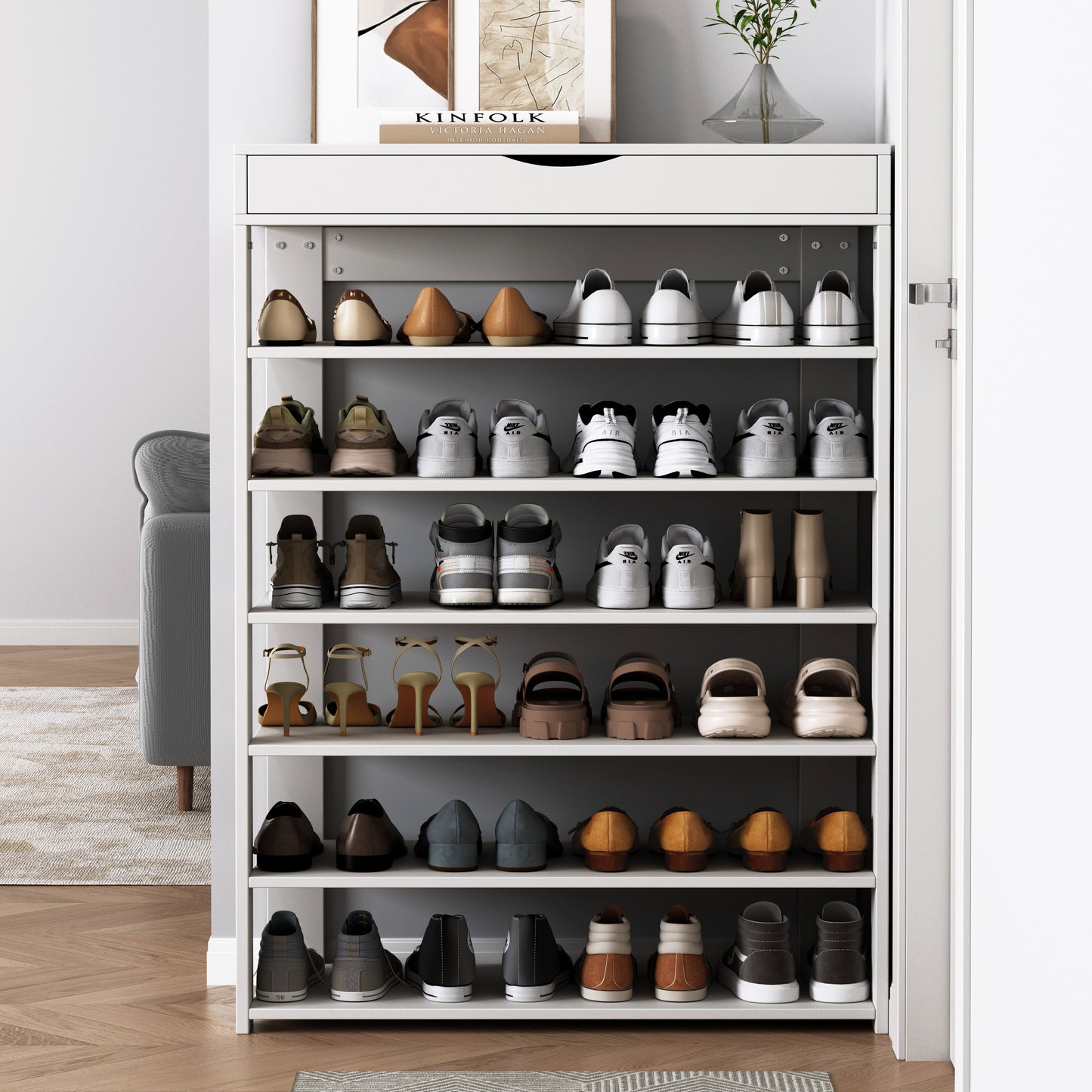 Spacious 7 Tier Wooden Shoe Rack Organizer Shelf Cabinet White