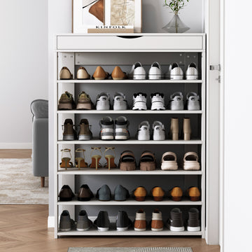 Spacious 7 Tier Wooden Shoe Rack Organizer Shelf Cabinet White