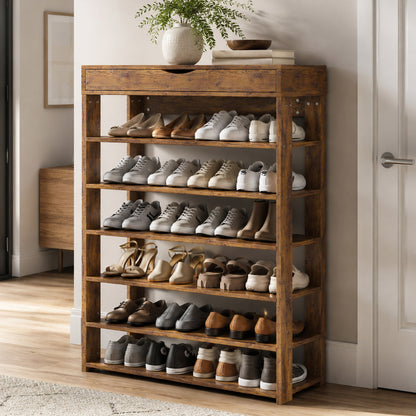 Extra Spacious 7 Tier Wooden Shoe Rack Organizer Shelf Cabinet Rustic Wood