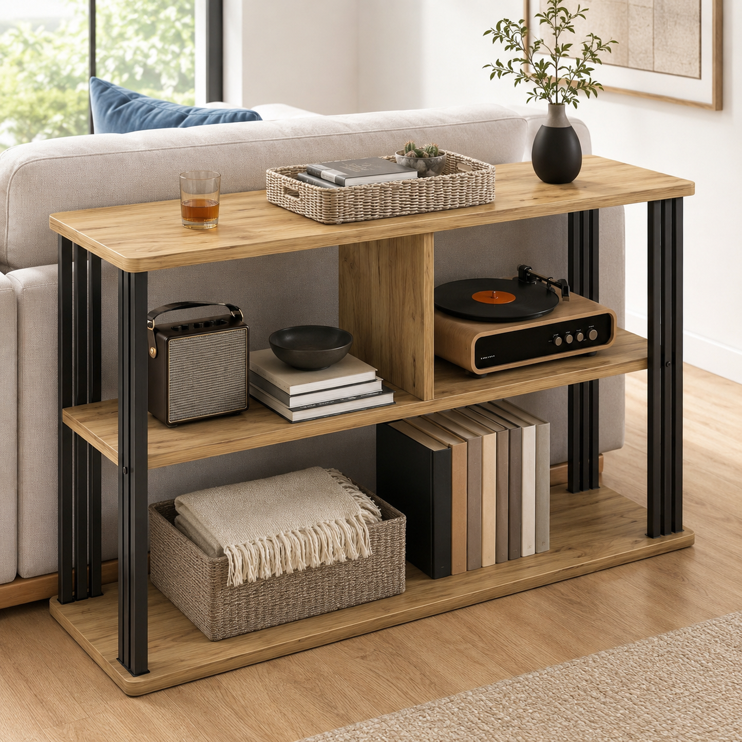 Stylish Oak Wood and Steel Sofa Side Table with Shelves