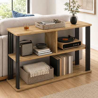 Stylish Oak Wood and Steel Sofa Side Table with Shelves