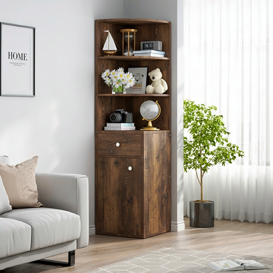 Stylish Rustic Wooden Corner Shelf Unit with Cabinet and Drawer