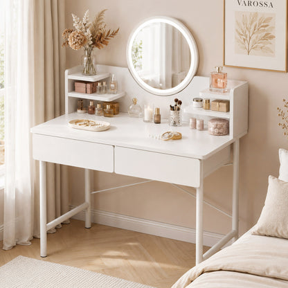 LED Mirror White Makeup Vanity Dressing Table Drawers & Storage Shelves