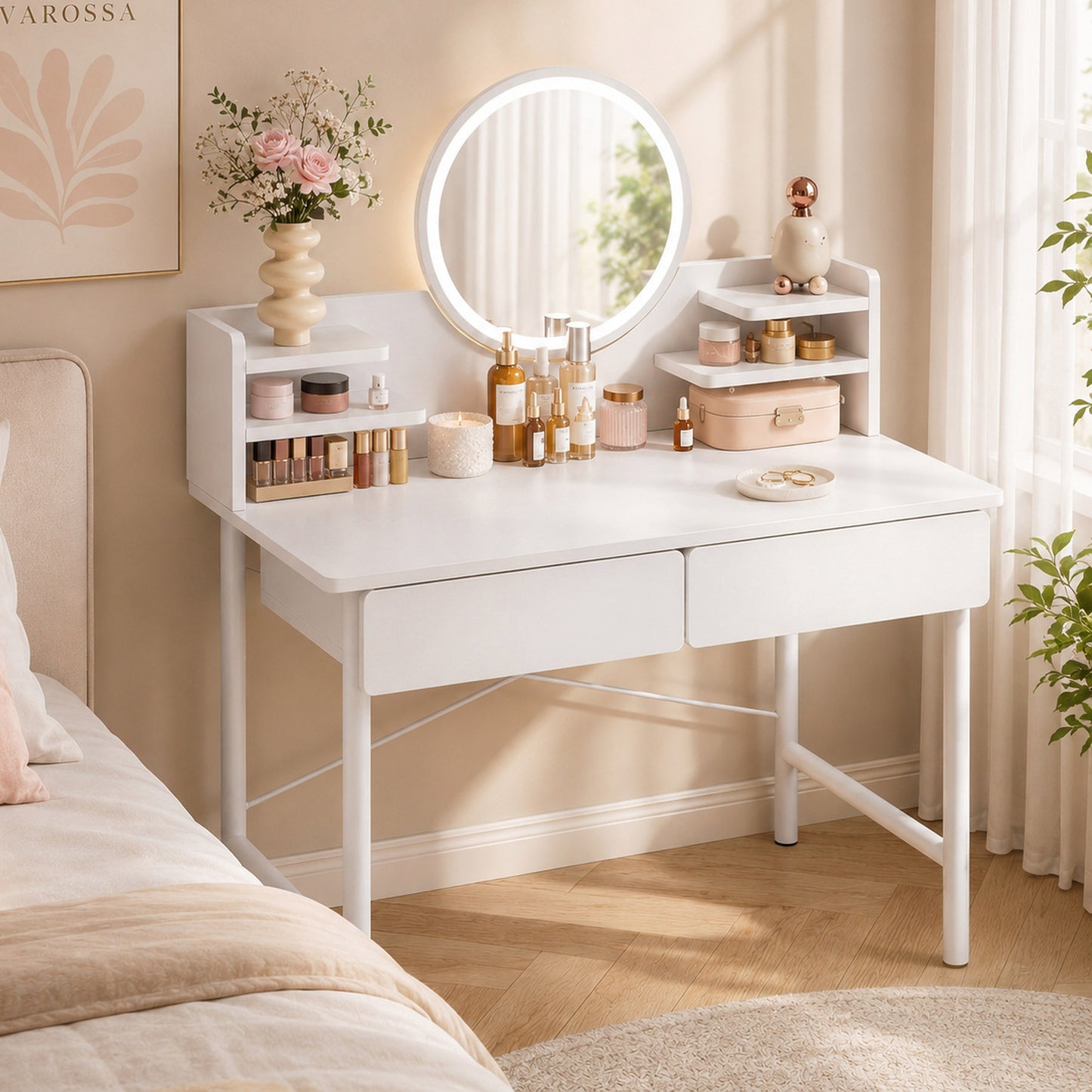 LED Mirror White Makeup Vanity Dressing Table Drawers & Storage Shelves