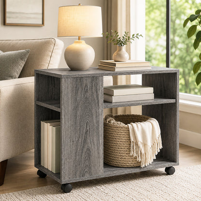 Versatile Rolling Sofa Side Table with Magazine Shelf Rustic Grey