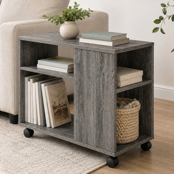 Versatile Rolling Sofa Side Table with Magazine Shelf Rustic Grey