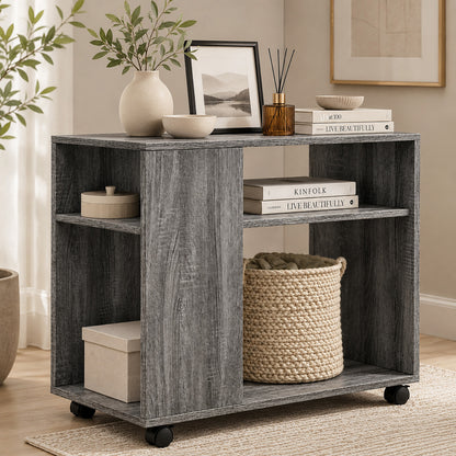 Versatile Rolling Sofa Side Table with Magazine Shelf Rustic Grey
